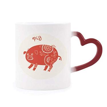 Imagem de Caneca vermelha sensível ao calor ano de porco animal do zodíaco chinês vermelha muda de cor