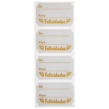 Imagem de Etiqueta Para Presente Felicidades Retangular Branca/Dourado , Cartela com 100 Grespan, Multicor