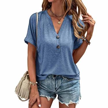 Imagem de Camisetas femininas casuais de manga curta, pulôver blusa de verão gola V blusas femininas de chiffon, azul, 3GG (busto: 126 cm)
