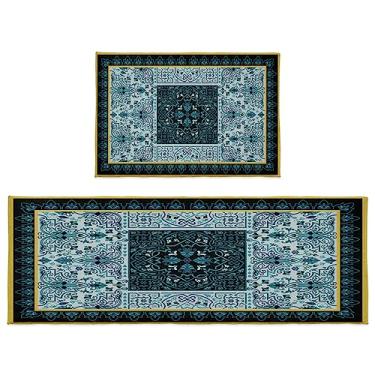 Imagem de Conjunto de 2 tapetes de porta, estilo peru, estampa floral, tapete texturizado, azul, preto, capachos antiderrapantes para entrada, pátio, áreas de alto tráfego, tapete interno e externo, 50 x 80 cm + 50 x 160 cm