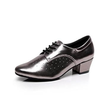 Imagem de Minishion TQJ3004 Sapato feminino de salto baixo sintético tango latino dança de salão sapatos para noite formatura, Cinza - salto de 4 cm, 6.5