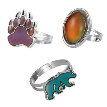 Imagem de LUBINGSHINE 3 anéis ovais de humor que mudam de cor, tamanho ajustável, temperatura, urso, pata, conjunto de anéis de dedo para mulheres, lembrancinhas, brincadeiras de fantasia (pata), Metal, Sem