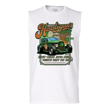 Imagem de Camiseta masculina Hooligan's Irish Speed Shop Dia de São Patrício Vintage Hot Rod Shamrock St Patty's Beer Festival, Branco, G