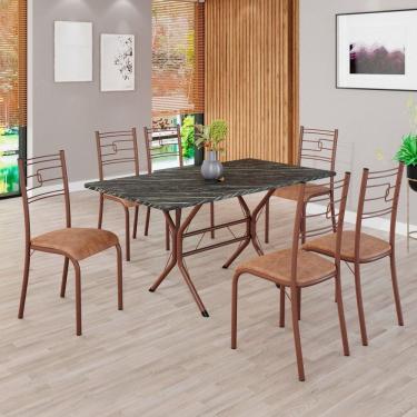 Imagem de Conjunto Sala de Jantar Mesa Retangular 140x75cm Tampo Pedra Ardósia Indiana 6 Cadeiras Paraty C. Marrom / Marrom