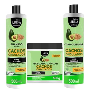 Imagem de Kit Shampoo e Condicionador + Máscara Hidratante Capilar Linha Cachos Ondulados Tratamento Completo com Óleo de Abacate e Semi de Lino Sallon Linda