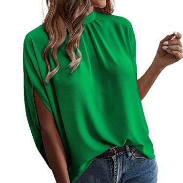 Imagem de Blusa feminina moderna de manga curta superdimensionada sexy estampada para sair blusa de algodão de verão floral túnica atlética, Verde, G