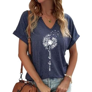 Imagem de Woffccrd Camisetas femininas com gola V vintage estampa sol e lua manga curta férias engraçadas camisetas estampadas, X azul-marinho, XXG