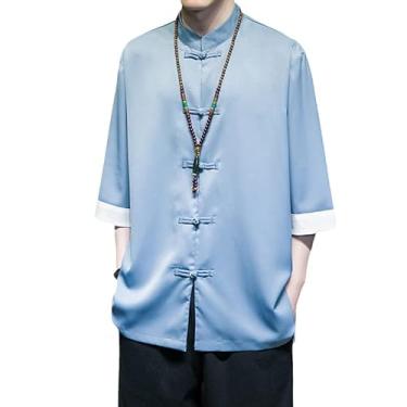 Imagem de Vestido tradicional chinês verão seda gelo manga curta camisa masculina roupas tai chi kung fu roupas tang terno casaco, Azul, XXG