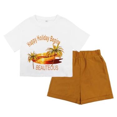 Imagem de Conjunto de camiseta e short de algodão havaiano para meninos com estampa tropical 100% algodão, roupa casual de verão para 7 anos, Branco, 8Y