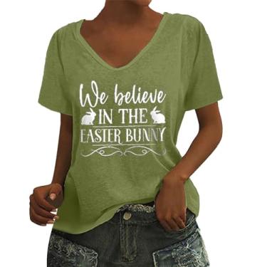 Imagem de Camiseta feminina de manga curta Happy Easter Day, suéter fofo de coelho, gola redonda, camisa moderna para mulheres 2024, Verde, G