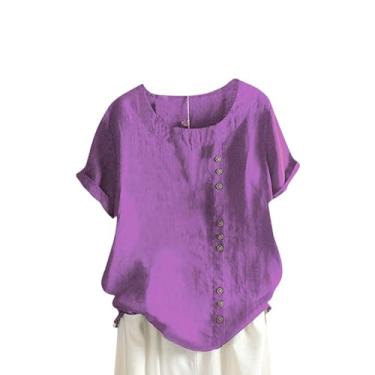 Imagem de Camisetas femininas de linho, caimento solto, manga curta, gola redonda, botões, roupas de verão, Roxo - B, M