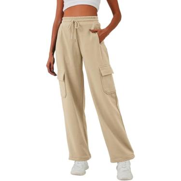 Imagem de ELLEVEN Calça de moletom feminina de cintura alta, calça jogger larga de algodão com bolsos, Caqui, G