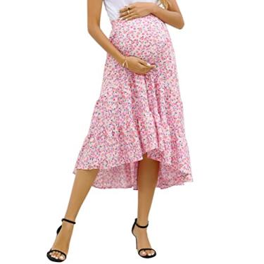 Imagem de FUNJULY Saia maxi plissada com estampa floral de cintura alta para gestantes, casual, rodada, rodada, saia longa, Rosa e branco, M