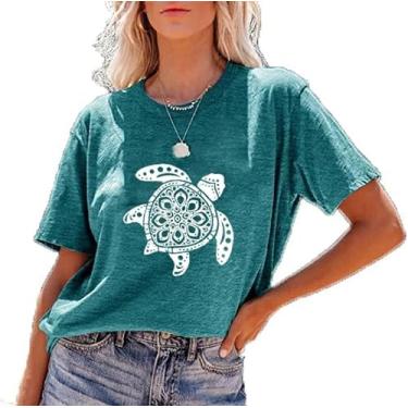 Imagem de Camiseta feminina com estampa de tartaruga marinha e estampa de animal divertida havaiana casual para férias, Verde 2, P