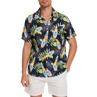 Imagem de EliteSpirit Camisa masculina havaiana manga curta linho botões casual estampa floral camisas de praia com bolso, Cerveja preta, M