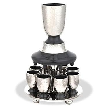 Imagem de Conjunto de fonte de vinho para copo infantil elegante - metal martelado com detalhes esmaltados - Taça grande, 8 copos de shot combinando para Shabat, Páscoa, Yom Tov, presentes de casamento da Zion