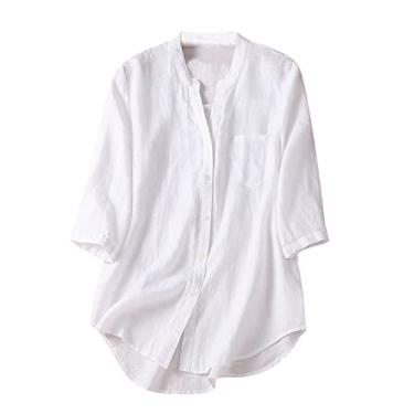Imagem de Camiseta feminina de linho, cor sólida, manga 3/4, gola V, botões, caimento solto, casual, túnica, camisa de verão, Branco, GG