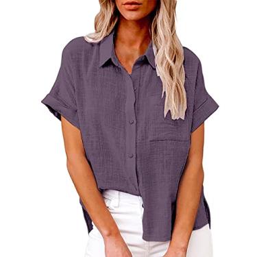 Imagem de Camiseta feminina de linho de manga curta com bolso, gola V, botões, cor sólida, caimento solto, túnica de verão, Roxa, XXG