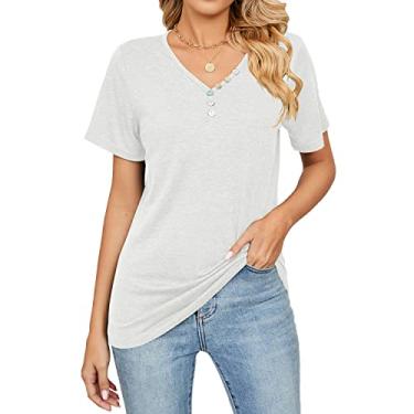 Imagem de Camisetas femininas com botões e gola V, manga curta, túnica básica, casual, de malha, R - branco, M