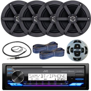 Imagem de JVC Combo de receptor marítimo de mídia digital USB AUX AM/FM de rádio Bluetooth DIN único com 2 pares (quantidade 4) alto-falantes de áudio barco pico de 16,5 cm 100 Watts, controle remoto com fio,