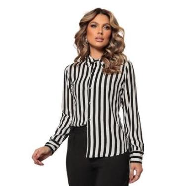 Imagem de Camisa Feminina Listrada Manga Longa Com Botões Social Casual-Feminino