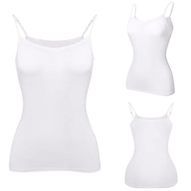 Imagem de Regata com sutiã embutido para mulheres verão casual stretch camiseta sem mangas gola redonda ioga atlética alças finas, Branco, 4G