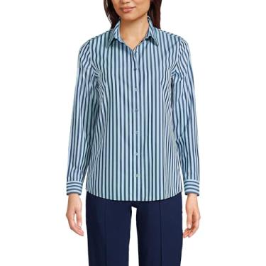 Imagem de Lands' End Camiseta feminina plus size de algodão Supima sem ferro de manga comprida, Azul marinho/azul claro listrado, 19