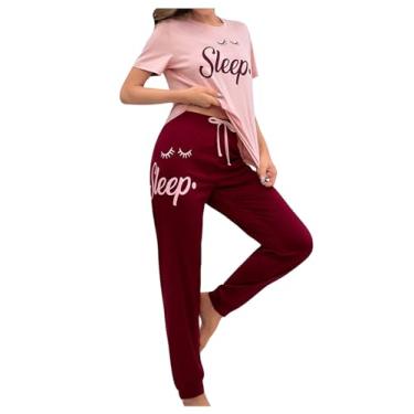 Imagem de SOLY HUX Conjunto de pijama feminino com estampa de letras, camiseta e calça de manga curta, roupa de dormir, Letra rosa, P
