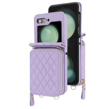 Imagem de HAO RIYLN Capa de couro para Samsung Galaxy Z Flip 5, carteira com zíper, bloqueio RFID, alça de ombro longa, capa de absorção de choque, roxa, Z Flip 5