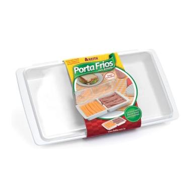 Imagem de Porta Frios Branco Plástico Queijo Presunto Vasilha Potinho Mussarela Tampa 2 Divisórios Mantimentos Conserva a Temperatura Organização De Geladeira Cozinha