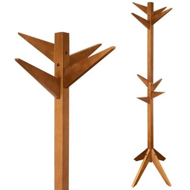 Imagem de Mancebo de madeira com araras de roupas e bolsa para quarto