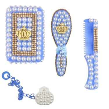 Imagem de KIT HIGIENE PARA BEBÊ PENTE SABONETEIRA ESCOVA DE LUXO DECORADO COM PÉROLA (Azul)
