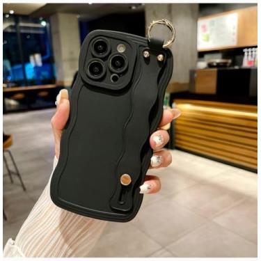 Imagem de Capa de telefone com corrente de anel de pulso Frosting Wave para Samsung A55 A23 A53 A34 5g A31 Galaxy S23 S22 S24 Capa traseira de proteção ultramacia, pulseira preta, Galaxy M54