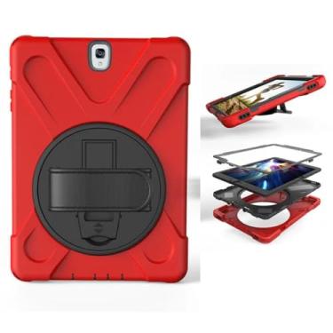 Imagem de Capa de silicone com suporte e alça de pulso giratória, segura para crianças, à prova de choque, para Samsung Galaxy Tab S3 SM-T820 T825 9,7 polegadas + caneta (vermelha)