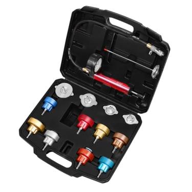 Imagem de JIFETOR Kit de ferramentas de teste de vazamento de pressão de radiador, 14 peças, sistema de resfriamento automotivo de tanque de água conjunto de detector de teste de vazamento com bomba manual de alumínio e adaptadores