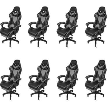 Imagem de Kit 8 Cadeiras Gamer com Rodízios Pu Hawker 3315 Preto/Cinza