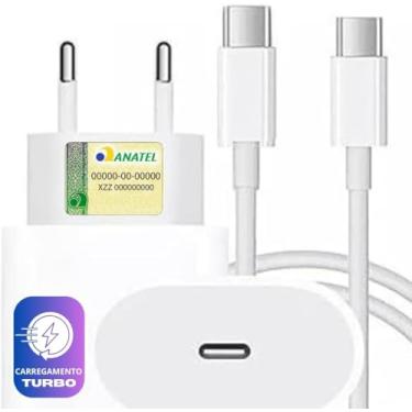 Imagem de Carregador Turbo Compativel c/Novo iPhone 15, IOS/Android, 5.0 Super Rapido, Fonte Entrada Tipo-C + Cabo USB-C Fast Charge, Certificado 20798-22-13363