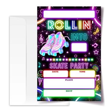 Imagem de Convite de aniversário de patins 4x6, convites de festa, lembrancinhas de festa neon brilhante, decorações de festa de patins, convites de aniversário infantil, 20 cartões com 20 envelopes. (45) (rolo