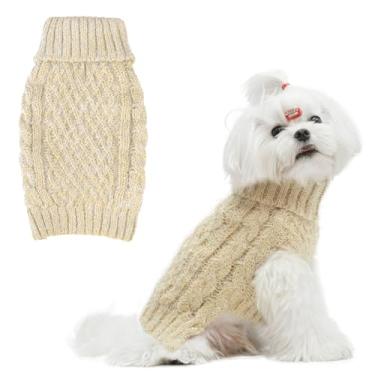 Imagem de SCIROKKO Suéter de gola rolê para cães – Casaco de inverno clássico – Fio de pena com glitter com fio prateado – Mantenha-se aquecido para cachorros, creme pequeno