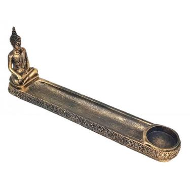 Imagem de Incensário Porta Incenso Buda Tibetano Dourado 26cm