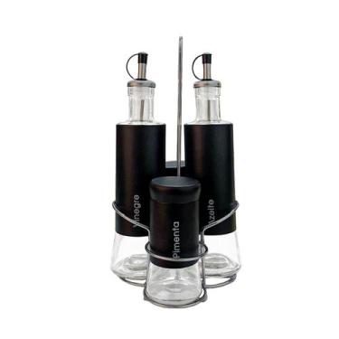 Imagem de Conjunto Galheteiro Preto Com Dosador Prático Inox Vidro 4 Peças Porta