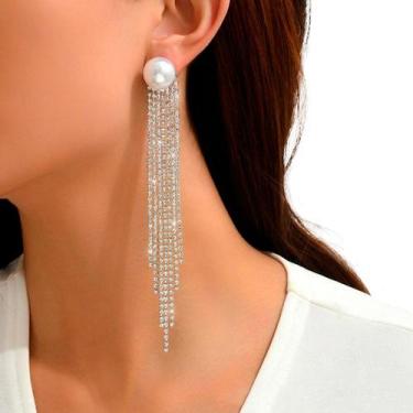 Imagem de Brinco Feminino Strass Franja Pérola Longo Luxo Maxi Festa - anjo da m