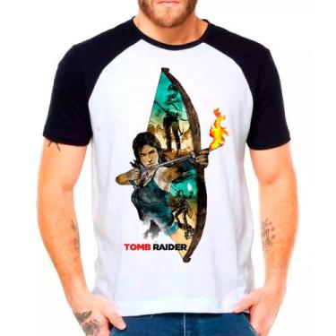Imagem de Camiseta Masculina Raglan Branca Tomb Raider Lara Croft - DESIGN CAMIS