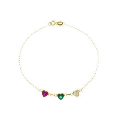 Imagem de Pulseira De Ouro 18k Feminina 18cm 3 Corações Coloridos - DR Joias
