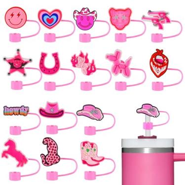 Imagem de 16 peças de cobertura de palha rosa preppy para Stanley 1,134 g Tumbler Cowgirl tampa de palha para canudos de 1 cm acessórios de copo Stanley