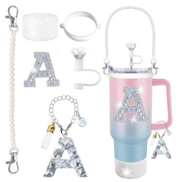 Imagem de Stanley Cup Accessories 850.5 g 1,134 g Glitter Silver, capa de canudo de diamante, pingente de letra, adesivo de letra, bota de silicone, suporte com alça incluído para copo Stanley