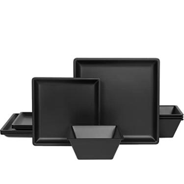 Imagem de Conjuntos de pratos e tigelas de melamina com 12 peças, conjunto de jantar quadrado com pratos, pratos, tigelas, conjuntos de louça quadrada preta – Travessas de servir para 4 pratos laváveis (preto quadrado, serviço para 4)