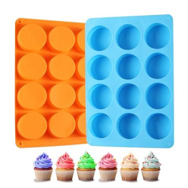 Imagem de 2 moldes de silicone Oreo, LCCOWOT Molde redondo de silicone de chocolate com 12 cavidades, molde de cozimento para chocolate, Oreo, Cookie, Cany, mini bolo, lavável na lava-louças (laranja + azul)