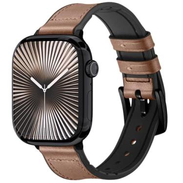 Imagem de Pulseira de couro série 10 compatível com Apple Watch série 10 de 46 mm preto jato, ardósia - couro híbrido com borracha interna - pulseira impermeável à prova de suor (marrom claro)