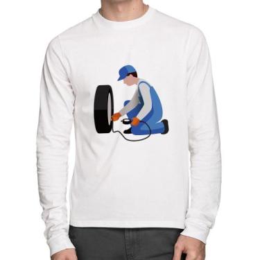 Imagem de Camiseta Algodão Borracharia Manga Longa - Foca na Moda, Branco, G
